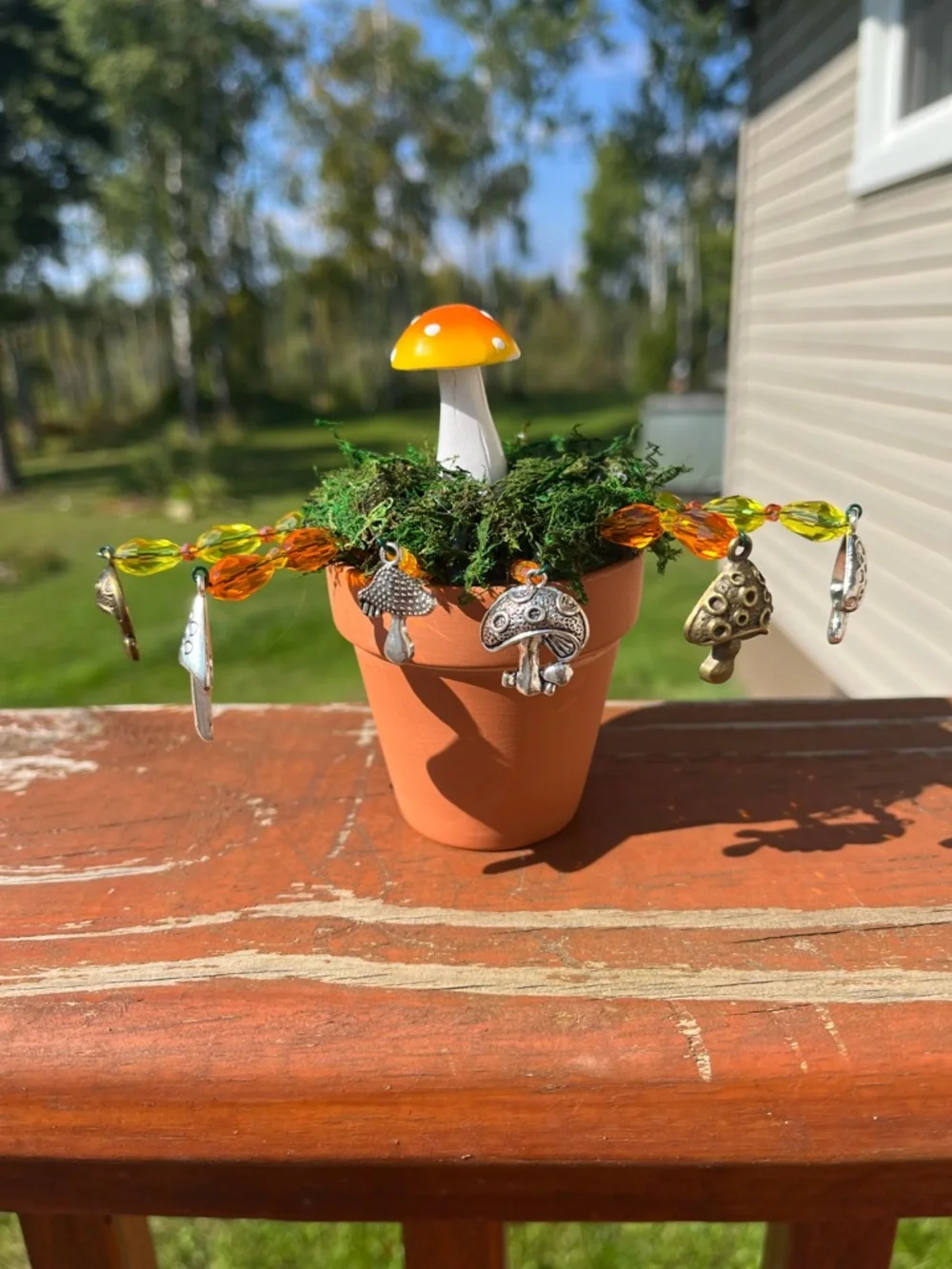 Handmade Mini Mushroom Pot with Beaded Charm Garland - Orange/Yellow